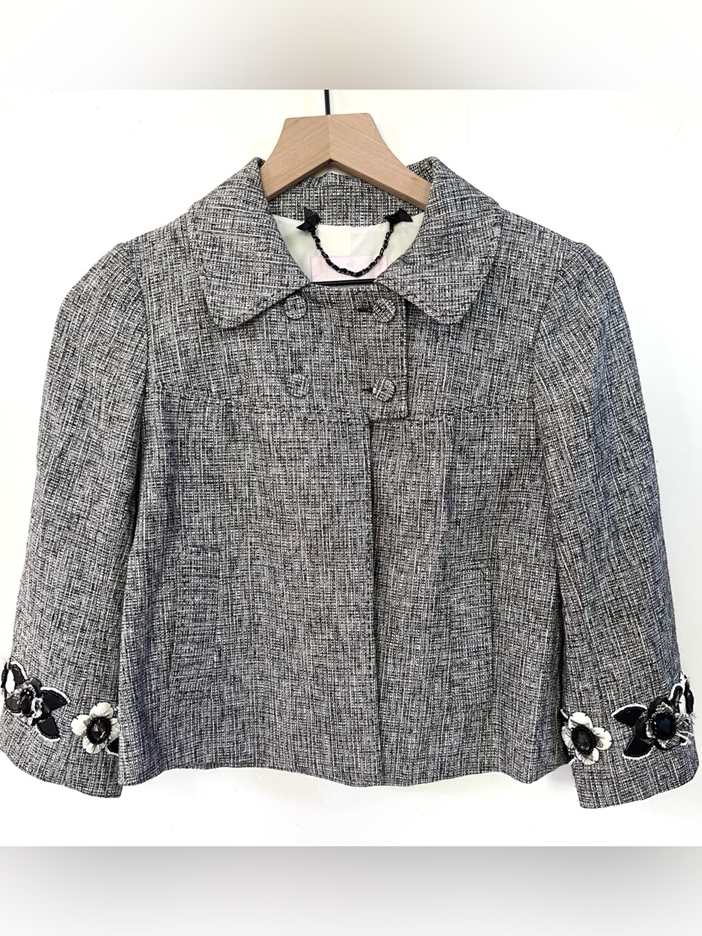 Rebecca Taylor Tweed Cropped Jacket Embellished Sleeve Black White Size 4